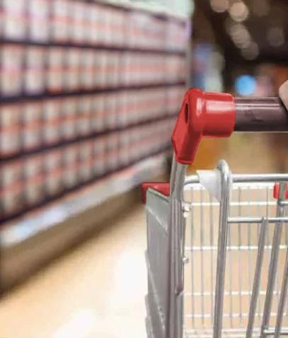 Shopping cart at a grocery store with Astro tubs on the shelf