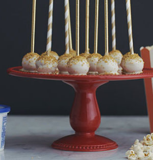 Red Carpet Cake Pops made with Astro Yogurt elegantly displayed on a red serving platter.
