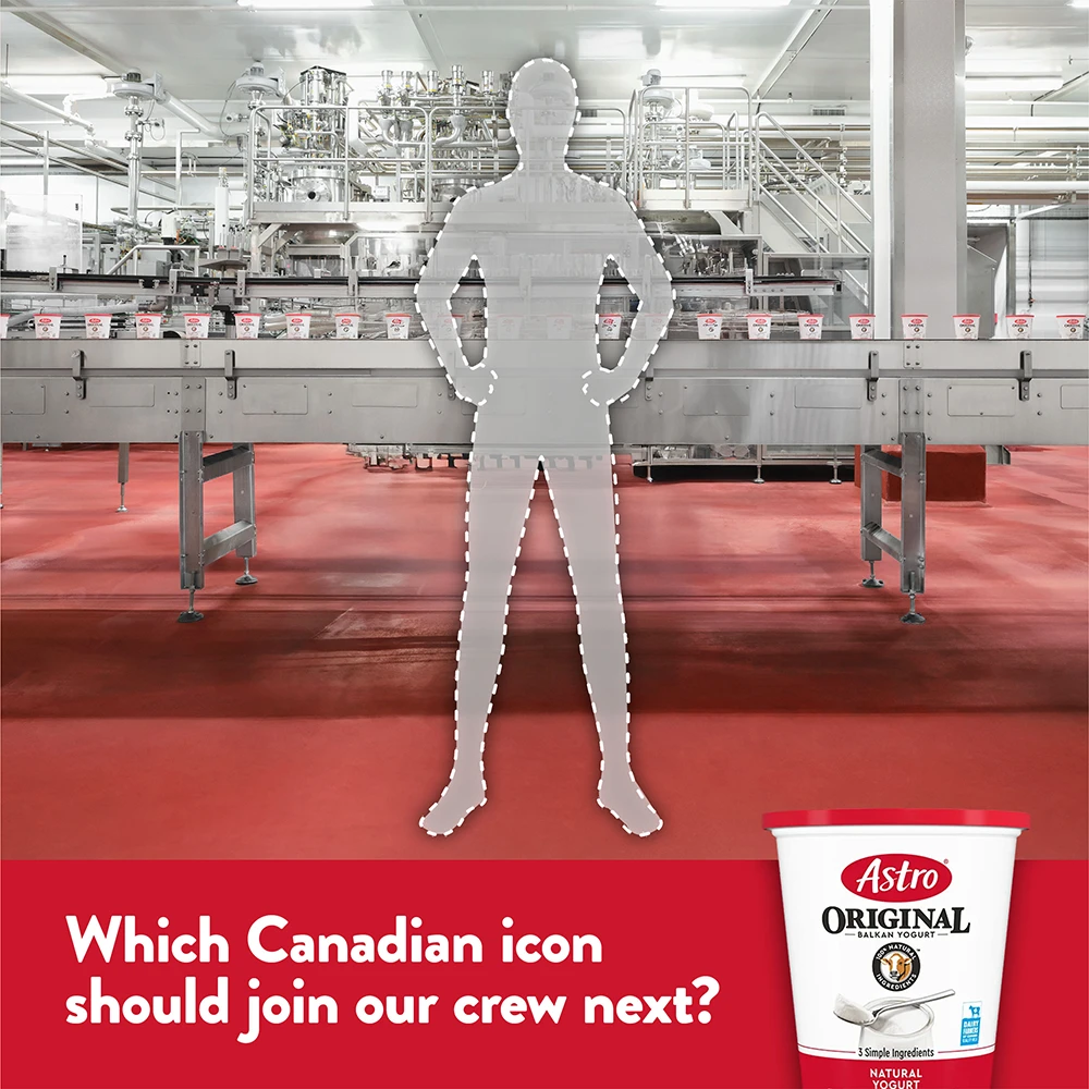 A dashed-outline silhouette standing in the Astro yogurt factory, with the question: Which Canadian icon should join our crew next?